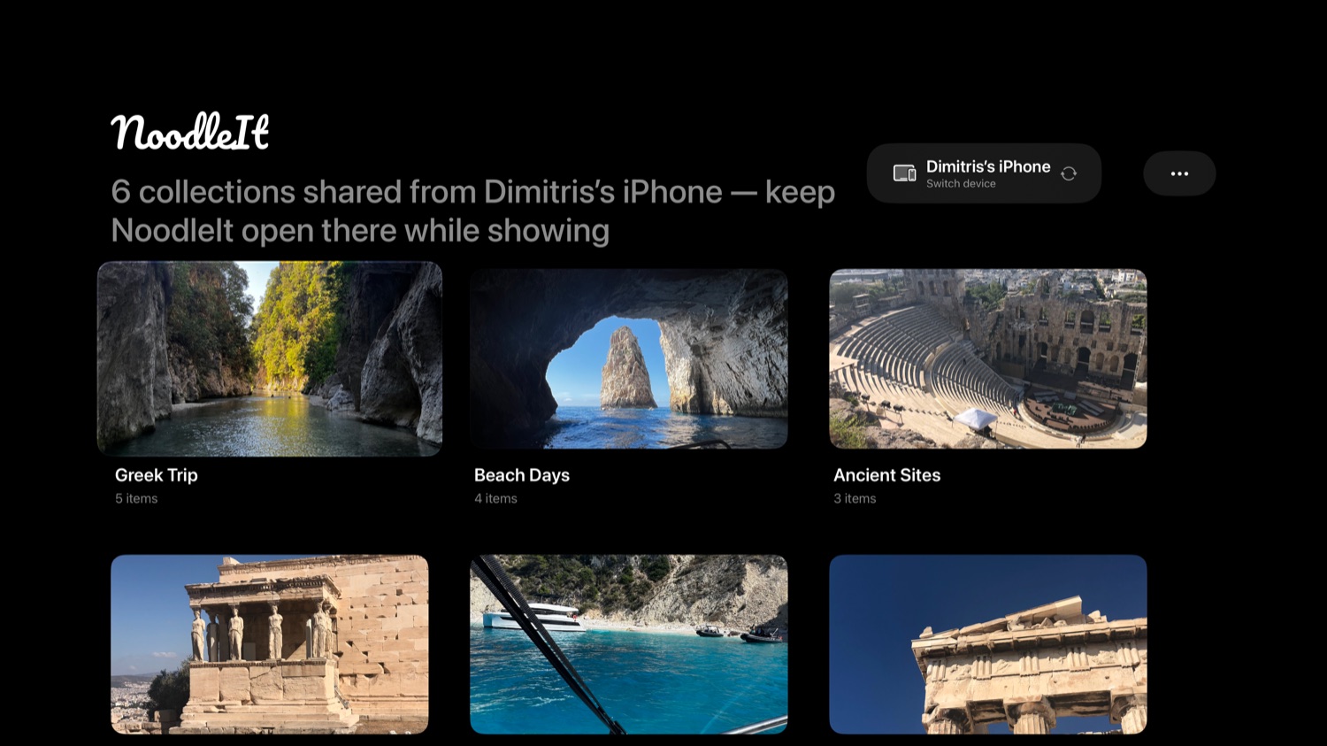NoodleIt on Apple TV showing a grid of shared collections — Greek Trip, Beach Days, Ancient Sites — with the paired iPhone named at the top right.